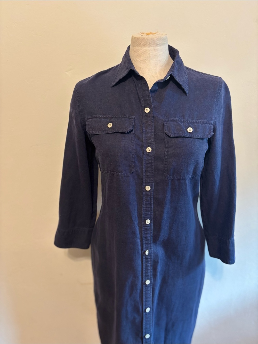 LAUREN RALPH LAUREN 100% Linen Navy Shirt Dress Small